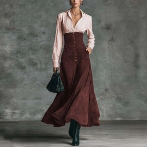Elegantes Gestreiftes Hemd Gespleißtes Maxi-A-Linien-Kleid Mit Hoher Taille Vintage Langarm Wildleder-Optik Schlankheitskleid Für Damen Büro Alltag