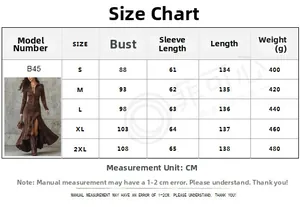 Detailed size chart for elegant women's long dress with bust and sleeve measurements