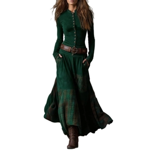 Retro dark green long sleeve maxi dress with button detail and waist belt