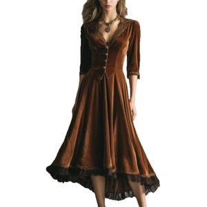 Robe longue en velours marron à manches longues avec dentelle et style rétro western