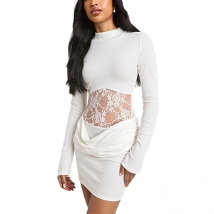 Slim fit white long sleeve mini dress with lace patchwork and elegant ruched details