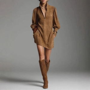Abito da Donna in Camoscio Retrò Manica a Lanterna Lunga Cerniera Collo Alto Casual Mini Abito Tinta Unita Autunno Khaki