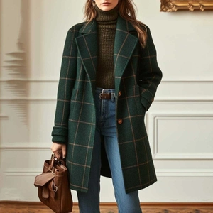 Detail of vintage dark green plaid wool coat with lapel collar and button closure