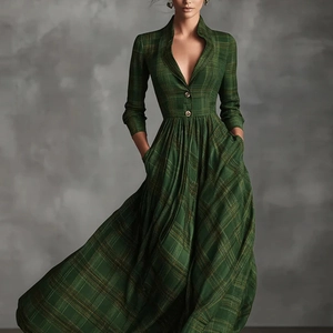 Detailansicht des V-Ausschnitts und Karomusters an einem eleganten französischen Maxikleid