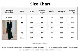 Detailed size chart for V-neck long sleeve velvet dress including bust and waist dimensions