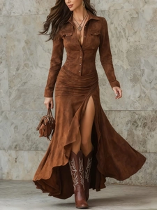 Detailed close-up of dark brown suede dress featuring gathered waist and side slit detail