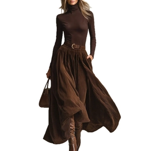 Tenue jupe midi rétro en velours côtelé taille haute et haut en tricot pour femme