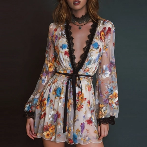 Deep V-neck long sleeve floral organza mini dress with lace trim and waist tie