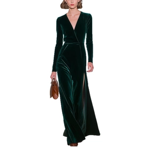 Elegant emerald green velvet V-neck long sleeve dress with high slit and waist detail