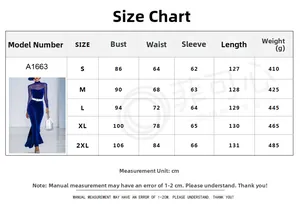 Size guide for the elegant slim fit long sleeve navy velvet dress with mesh splicing