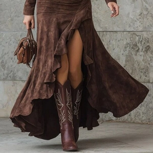 Brown faux suede maxi dress with high slit, ruffle hem, and western embroidery boots