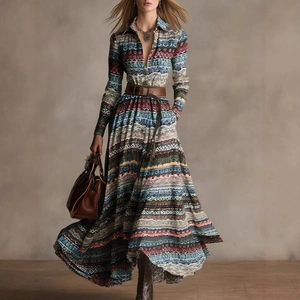 Abito Lungo Maxi con Stampa Tribale Etnica Bohémien Donna Autunno Manica Lunga Colletto Camicia Linea A Festa Viaggio Casual Abito Fluido