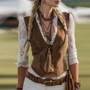 Close-up of brown suede vest with intricate white lace sleeves and bohemian accessories