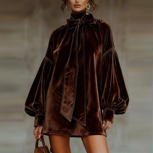 Detail of velvet dress showing brown fabric texture with bow tie neck and white stitching