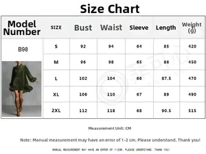 Guide des tailles pour robe en velours à manches longues avec mesures détaillées de S à 2XL