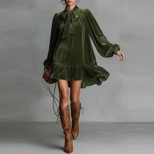 Robe Mini en Velours Élégante pour Femmes Avec Col à Nœud Manches Lanterne Volants Couleur Unie Automne Streetwear Robe de Fête