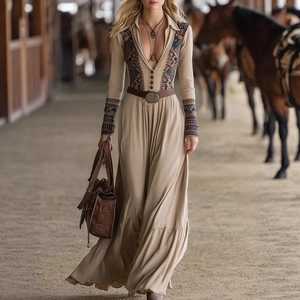 Abito Lungo Boho da Donna Scollo a V Manica Lunga Stampe Etniche Linea A Retro Floreale Abito Casual Viaggio Fluido Abito Lungo