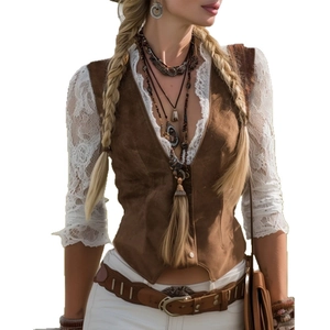 Detail of western vintage vest with lace stitching and ethnic layered jewelry