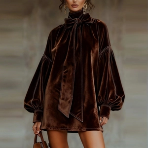 Brown velvet mini dress featuring lantern sleeves and a large bow tie neck detail