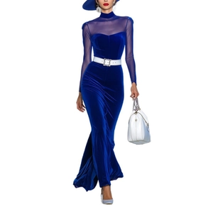 Elegant long-sleeve velvet dress in navy blue with mesh details and white belt