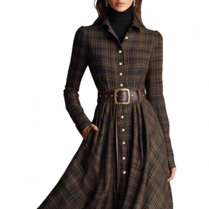 Vintage plaid shirt maxi dress with long sleeves, elastic waist and brown leather belt