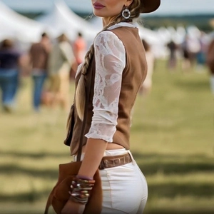 Women's Western retro suede vest and white lace long sleeve shirt bohemian outfit