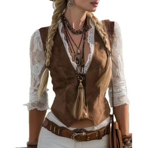 Brown faux suede western vest for women with white lace patchwork and retro V-neck design
