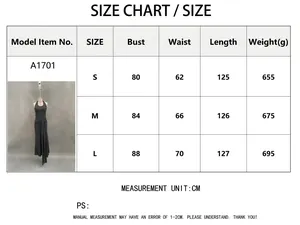Size chart for black halter neck maxi dress showing measurements in CM for S M and L