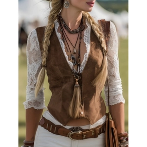 Women's western vintage brown suede vest with elegant white lace stitching and boho accessories