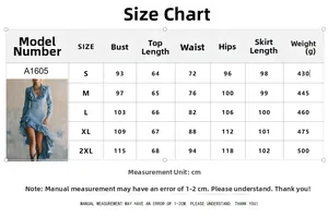 Detailed size chart for blue ruffled denim irregular dress from sizes S to 2XL