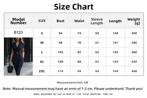 Detailed size chart for V-neck short sleeve dress with measurements for S to 2XL