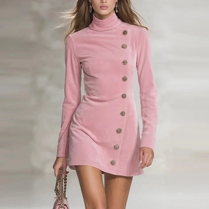 Women's Pink Long Sleeve Midi Dress Slim Fit Half High Neck Button Decorative Bodycon Dress For Autumn Winter Streetwear