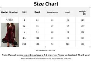 Detailed size chart for velvet dress with lace trim featuring specific measurements
