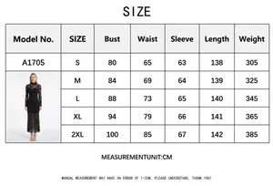 Size chart for black lace long sleeve evening dress with detailed body measurements