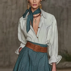 Détail d'un chemisier rayé vintage avec jupe à pois verts et ceinture en cuir marron