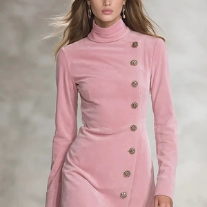 Close-up of pink velvet dress with high neck and decorative vintage gold buttons detail