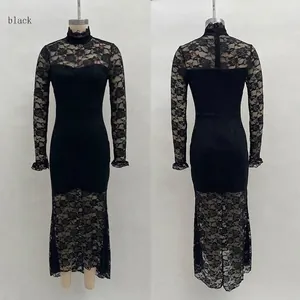 Front and back view of long sleeve black lace maxi dress with rose pattern and high neck