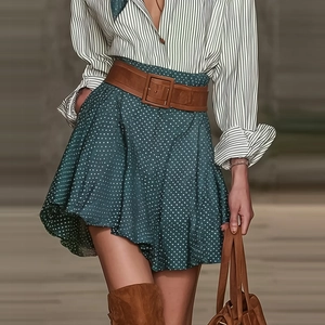 Détail d'une chemise rayée vintage avec jupe verte à pois et large ceinture en cuir marron