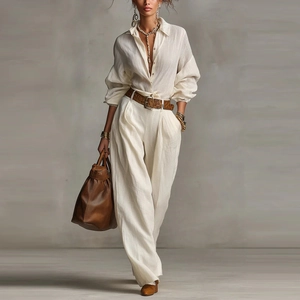 Women Solid Color Long Sleeve Shirt And Wide Leg Pants Top And Bottom Set Casual Button Decor Pocket Outfit For Office Daily Street
