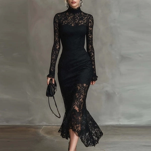 Elegant High Neck Floral Lace Long Sleeve Bodycon Maxi Dress For Women Slim Fit Mermaid Party Banquet Evening Gown Clubwear Fall Winter