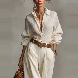 Detail of ivory long-sleeved shirt fabric texture and decorative buttons on women's set
