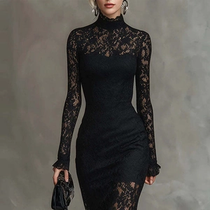 Detailed view of elegant high-neck black lace dress with sheer sleeves and bodycon fit