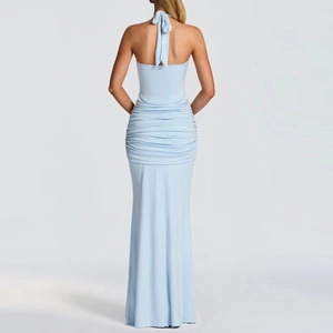 Detailed back view of light blue halter neck maxi dress with elegant ruched textures