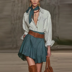 Chemise à Manches Longues à Rayures Rétro pour Femmes et Jupe à Taille Haute à Pois Top And Bottom Élégant Vêtements de Bureau