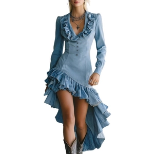 Fashionable light blue ruffled denim midi dress with V-neck and asymmetrical hemline