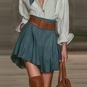 Jupe trapèze vert foncé à pois avec ceinture en cuir marron et style vintage chic