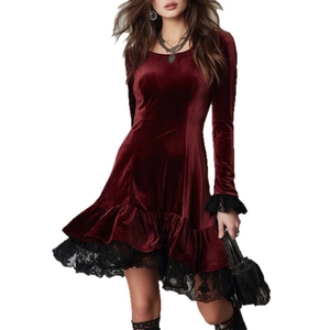 Elegant wine red velvet mini dress with black lace patchwork sleeves and hem details