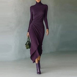 Elegant deep purple long sleeve dress featuring side ruching and asymmetrical hemline