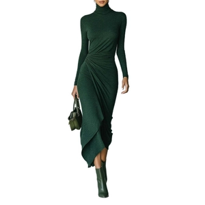 Elegant dark green high neck maxi dress with long sleeves and side ruched waist detail