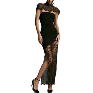 Elegant black lace shawl and strapless slim fit long dress with high slit and floral patterns